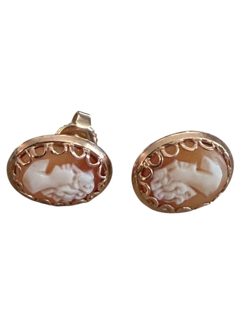 Vintage 14K Gold 585 Military Mark Backs, Cameo Post Earrings